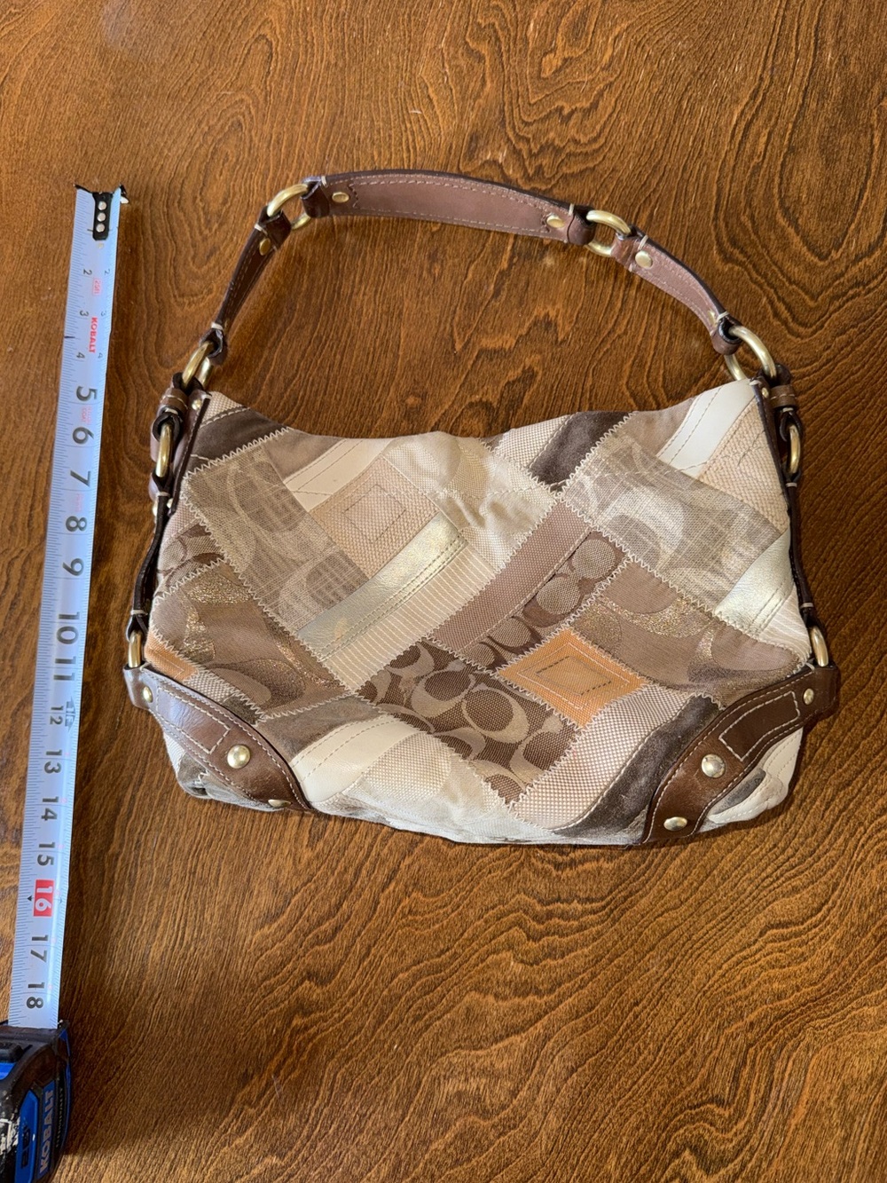 Coach Signature Patchwork Carly Hobo Bag, tan/brown.